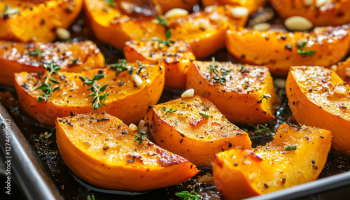 Wallpaper Mural Roasted pumpkin slices with garlic and herbs close up. Oven baked pumpkin, seasonal autumn side dish or vegan meal Torontodigital.ca
