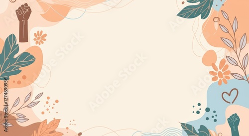 Abstract art with leaves, heart, and raised fist symbolizing unity diversity