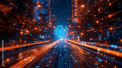 Big data technology.  Data science analysis artificial intelligence generative AI. The movement of neurons in the distance