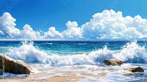 Ocean waves crashing on sandy beach, sunny sky, travel banner