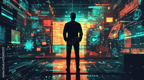 Businessman facing digital data wall, future tech background, innovation concept