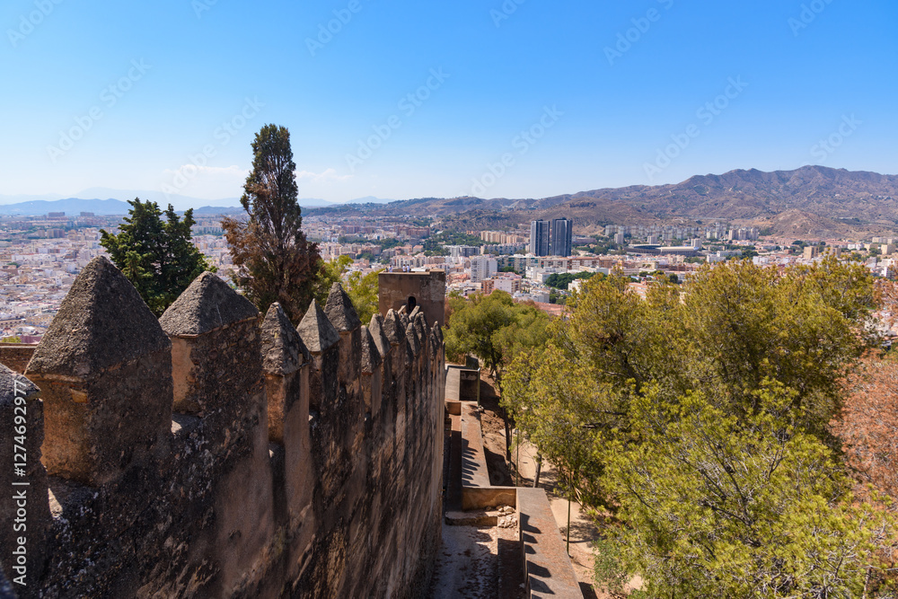 Malaga, Spain - August 06, 2024: Views of the city and the Cathedral of the Incarnation of Malaga from the Gibralfaro Castle in the city of Malaga, Andalusia. Spain