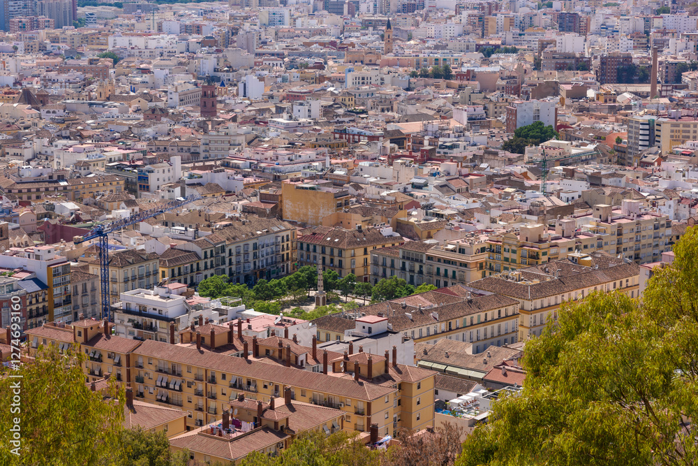 Malaga, Spain - August 06, 2024: Views of the city and the Cathedral of the Incarnation of Malaga from the Gibralfaro Castle in the city of Malaga, Andalusia. Spain