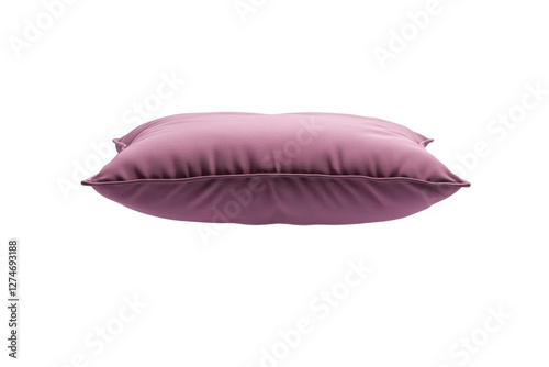 A soft purple pillow gently floating in mid-air against a clean white backdrop isolated on transparent background