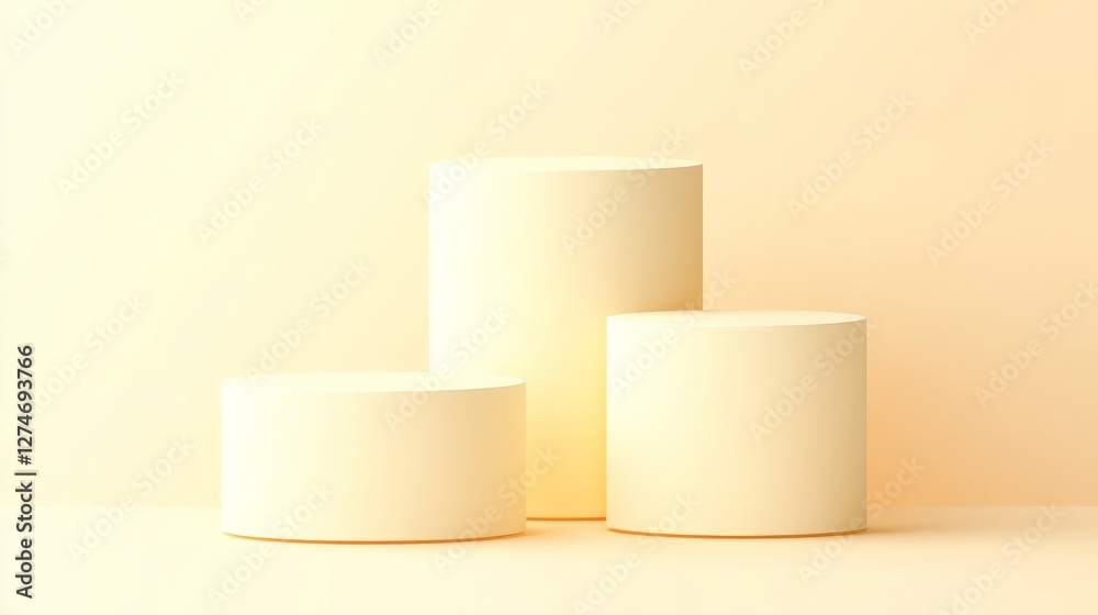 Cylindrical podium in pastel yellow, set against a soft gradient peach background Cylindrical podium in pastel yellow, set against a soft gradient peach background