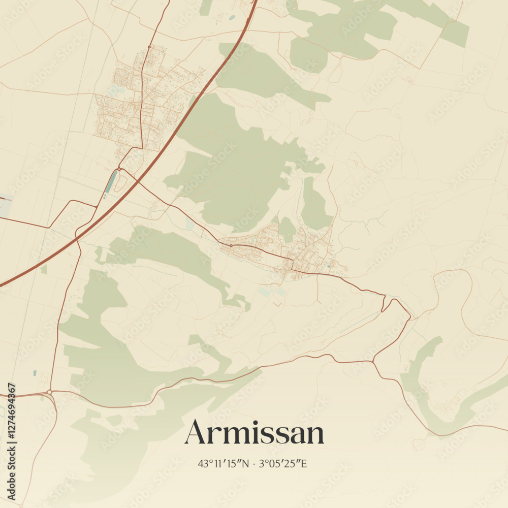 Fototapeta premium Vintage map of Armissan, France.