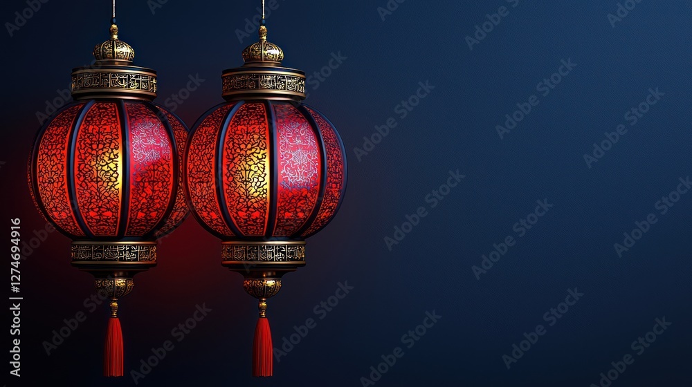 Festive red lanterns hanging, dark background, celebration, Asian design, holiday greeting card Festive red lanterns hanging, dark background, celebration, Asian design, holiday greeting card