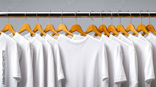 A row of white t-shirts hanging on a rack of wooden hangers photo