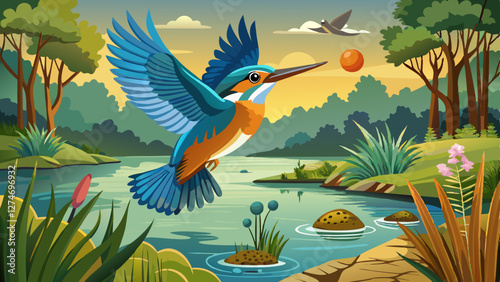 Common Kingfisher (Alcedo atthis) flying away with a fish after diving for fish in the forest in the Netherlands