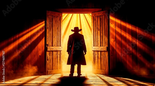 A man in a cowboy hat standing in an open barn door
