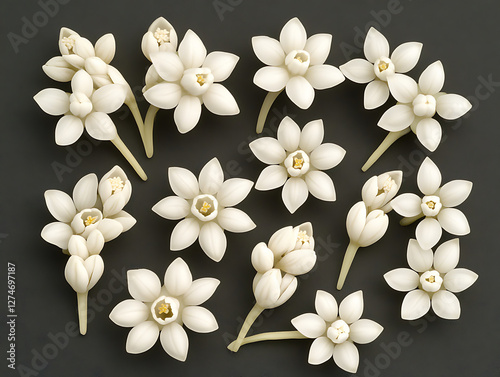 Arrangement of delicate white star-shaped flowers and buds with yellow centers against a dark background. photo