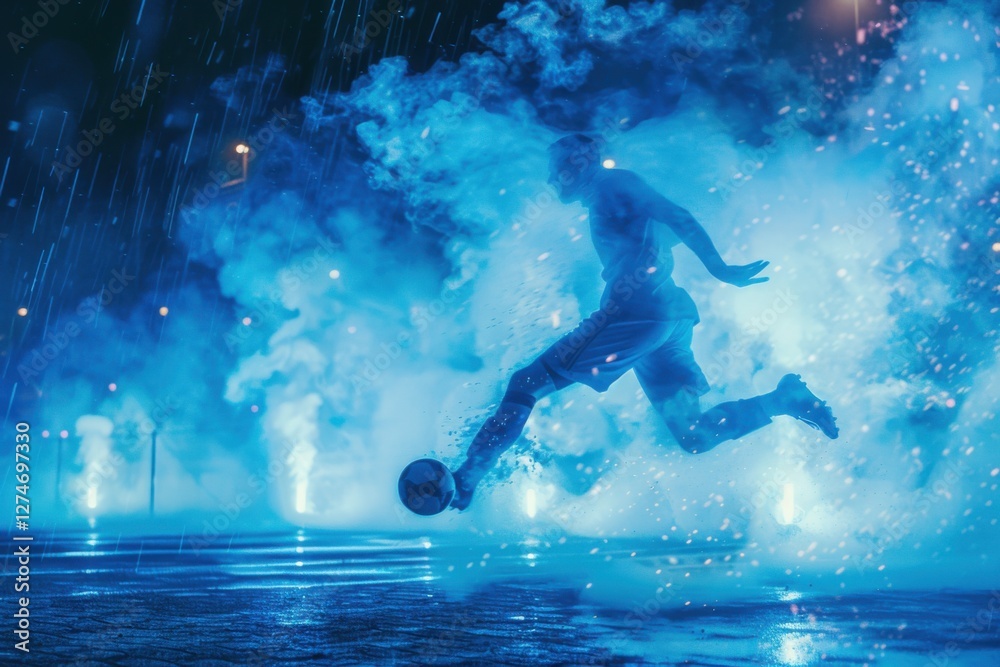 Fototapeta premium Football player kicking the ball with precision, captured in motion under neon blue lights