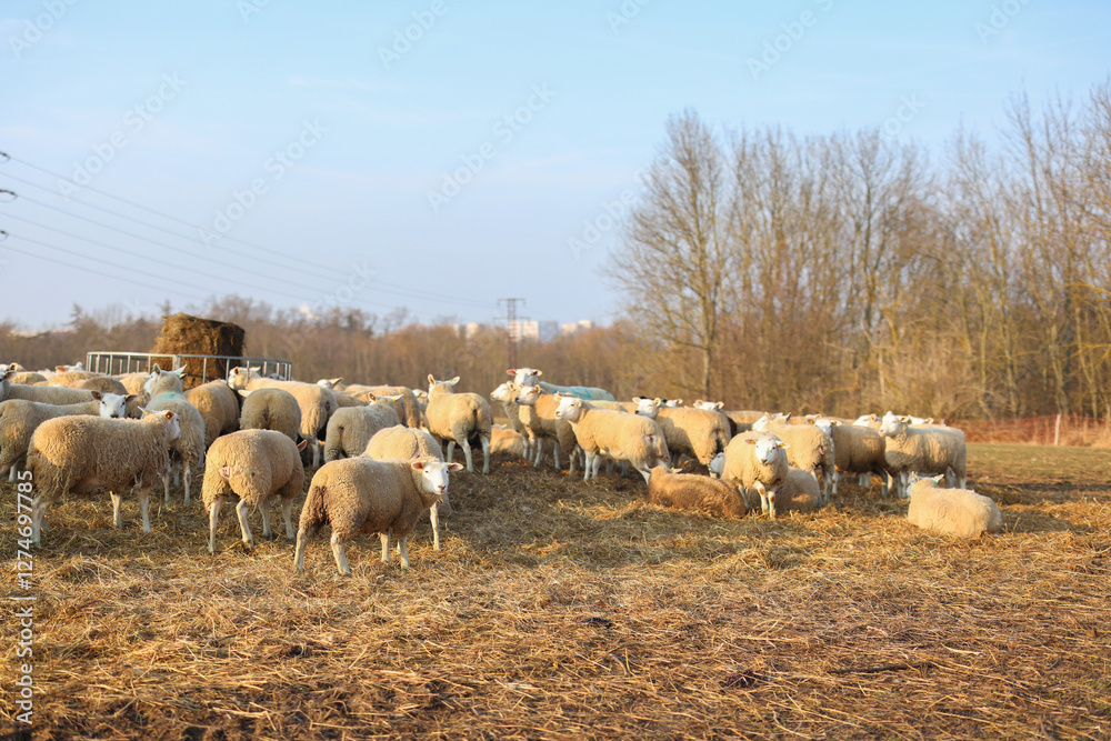 Fototapeta premium flock of sheep graze on the field