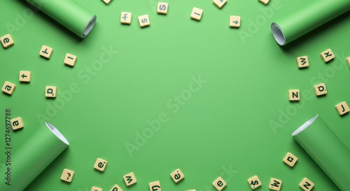 Green background with scattered letter tiles, framed by green cylinders