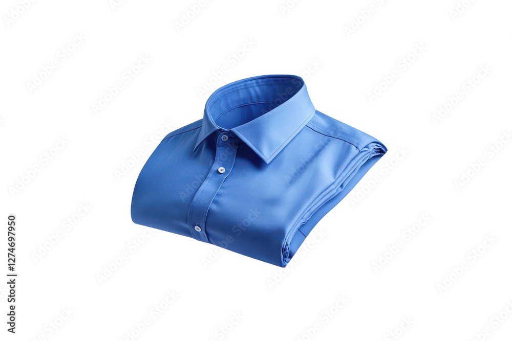 A neatly folded blue shirt floating against a minimalist white background in bright, natural light isolated on transparent background