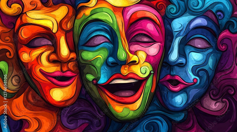 An abstract painted illustration of multicolored drama theater masks An abstract painted illustration of multicolored drama theater masks