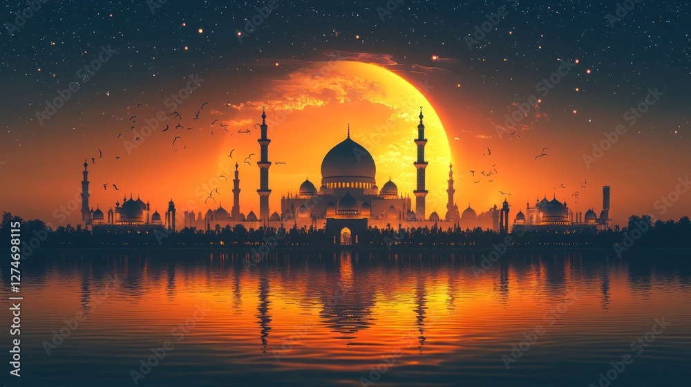 Fototapeta premium Mosque at sunset, moonlit night, cityscape reflection. Ideal for travel, religious themes