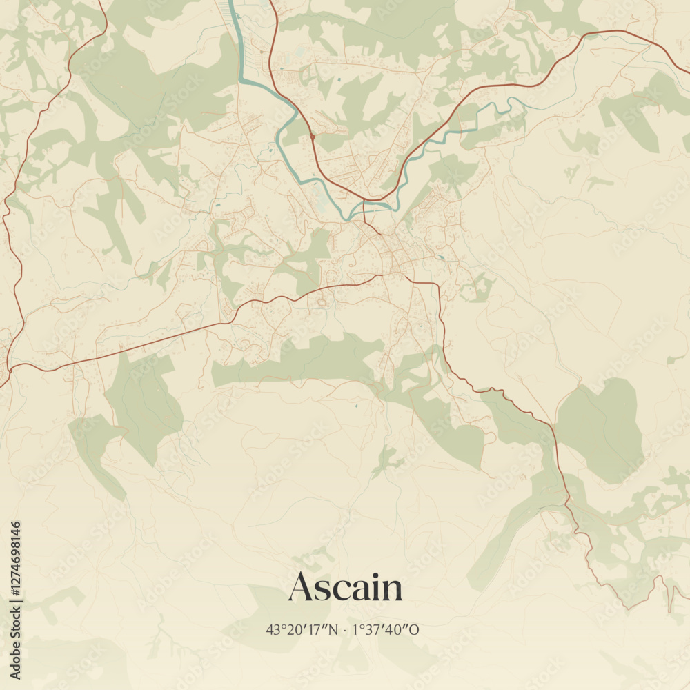 Obraz premium Vintage map of Ascain, France.