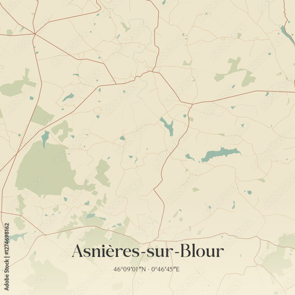 Fototapeta premium Vintage map of Asnières-sur-Blour, France.