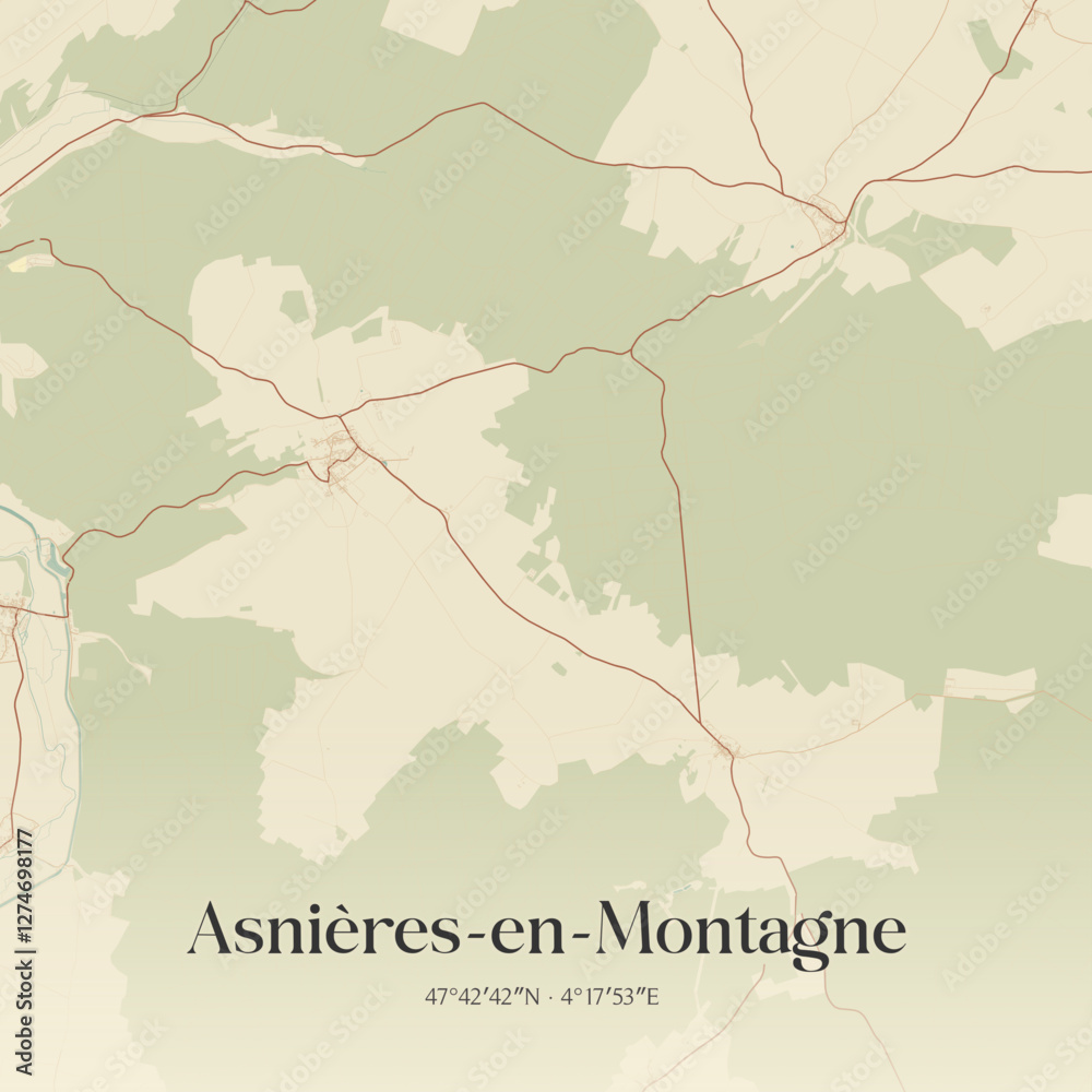 Fototapeta premium Vintage map of Asnières-en-Montagne, France.