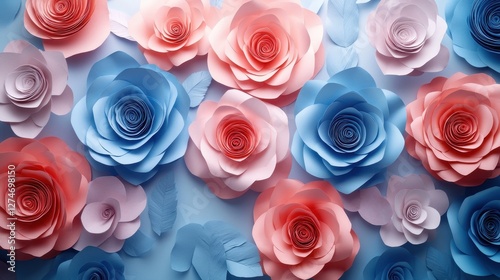 Colorful paper flowers in pink and blue creating a modern floral pattern