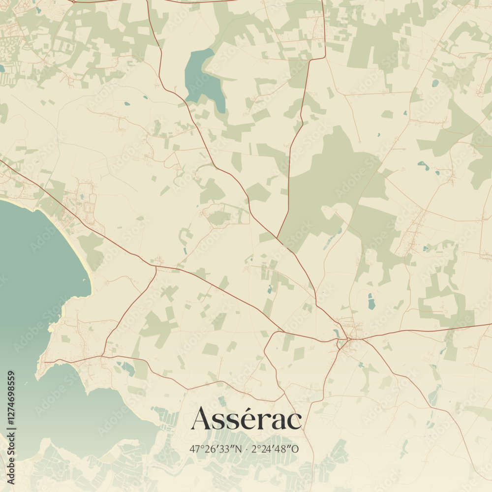 Fototapeta premium Vintage map of Assérac, France.