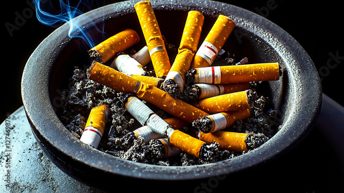 A ashtray full of cigarettes with smoke coming out of it photo
