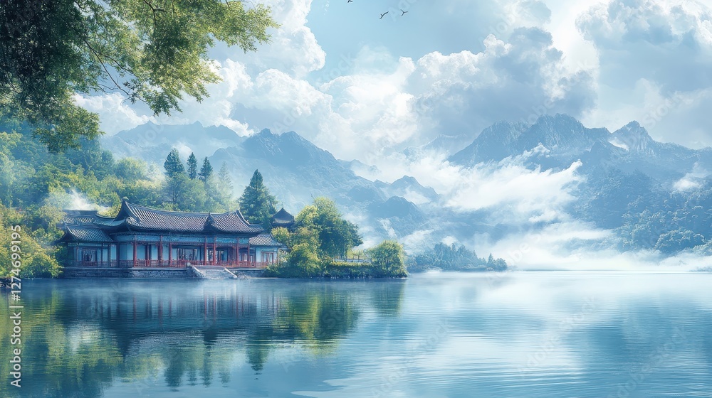 Fototapeta premium Serene lakeside pagoda with misty mountains and lush greenery on a tranquil morning