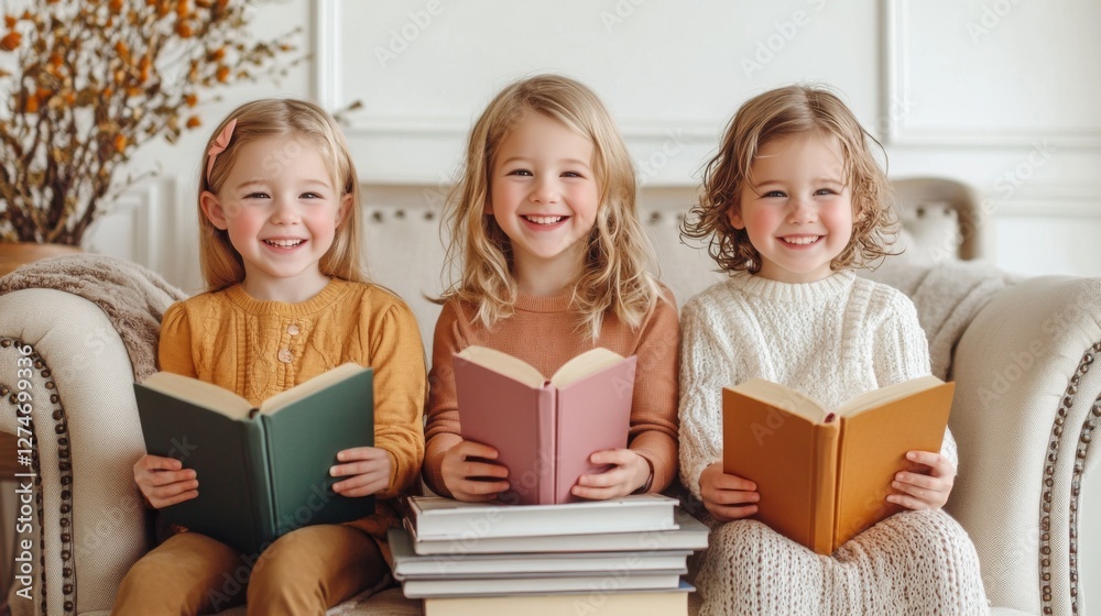 Three adorable girls enjoy reading books together on a comfy couch. A heartwarming moment of childhood literacy. Three adorable girls enjoy reading books together on a comfy couch. A heartwarming moment of childhood literacy.