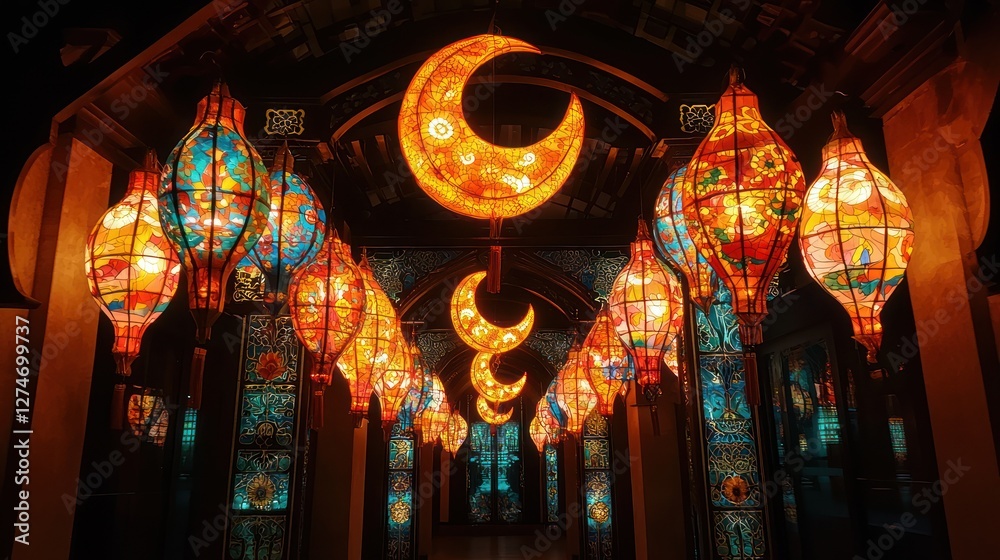 Obraz premium Illuminated hallway with crescent moons and lanterns; festive Middle Eastern architecture; decor