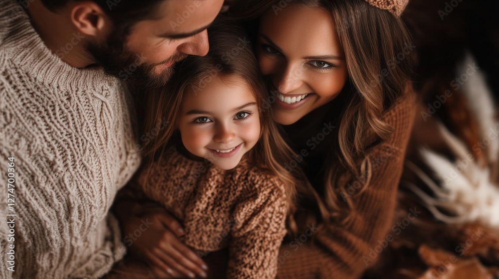 Obraz premium A young family cuddles together, their love and warmth palpable in the cozy setting.