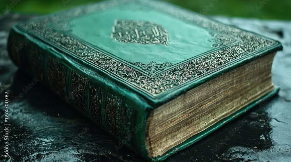 Fototapeta premium Ancient Quran rests on stone, outdoors, nature background; religious, spiritual context
