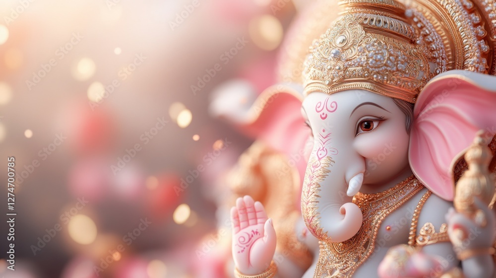 Fototapeta premium Close-up of an ornate Ganesha statue, soft lighting and bokeh background.