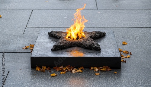 Eternal flame burning in a star-shaped stone basin. A somber yet peaceful scene. photo