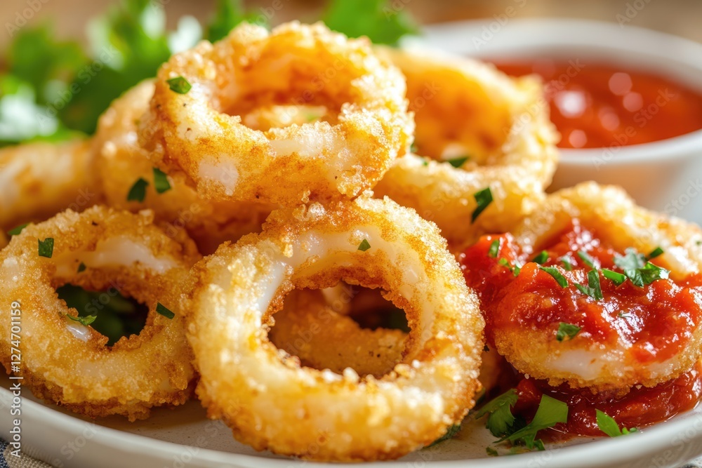 Crispy Fried Calamari Rings with Spicy Marinara Sauce Crispy Fried Calamari Rings with Spicy Marinara Sauce
