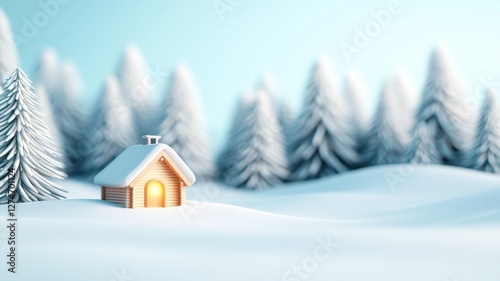 Cozy house in snowy landscape with illuminated windows.