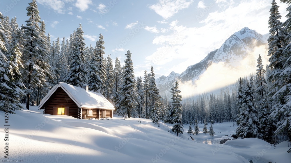 Snowy cabin surrounded by trees and mountains under a bright sky. Snowy cabin surrounded by trees and mountains under a bright sky.