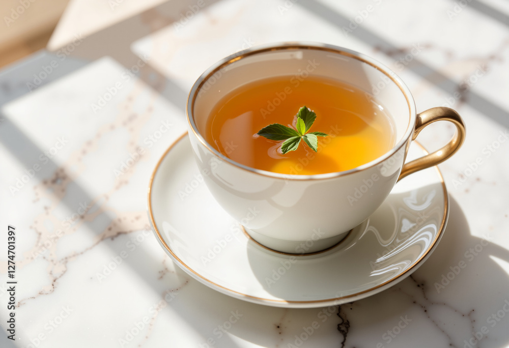 Elegant herbal tea in ornate teacup on marble table, morning serenity Elegant herbal tea in ornate teacup on marble table, morning serenity