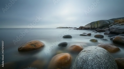 Serene coastal scene with smooth rocks and calm water