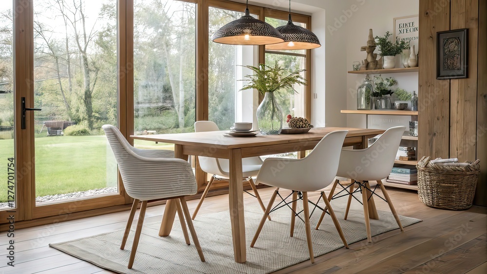 Fototapeta premium Modern Dining Room with Large Windows and Bright Interior Design