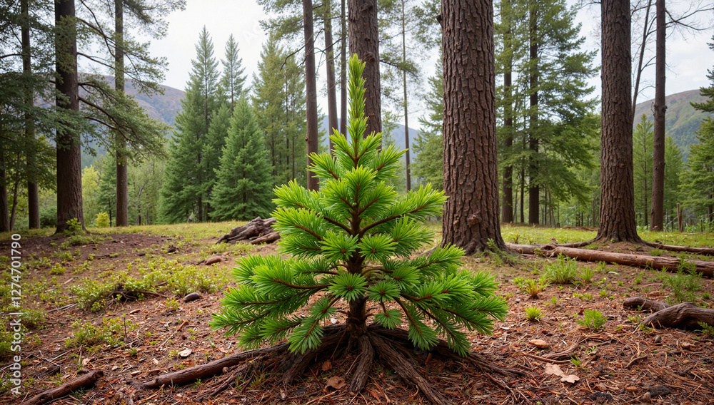 Obraz premium Serene pine tree standing alone in misty forest clearing, natural beauty 