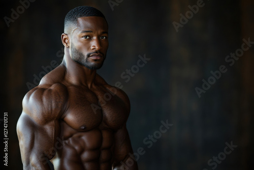 A muscular male bodybuilder confidently displays his impressive physique while posing in a gym. The low lighting highlights his defined muscles and showcases his dedication to fitness.