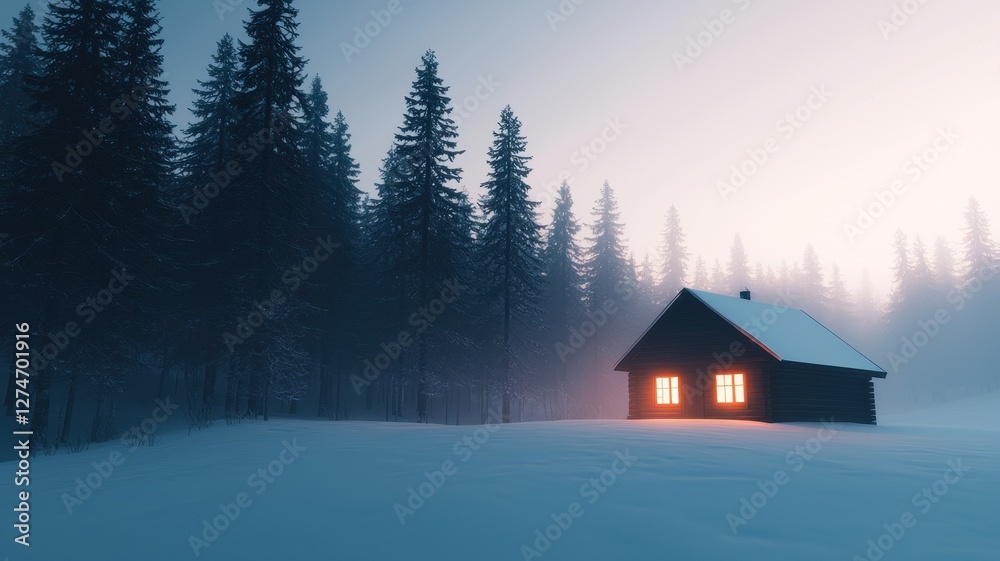 Snowy cabin surrounded by tall trees at dusk with glowing windows. Snowy cabin surrounded by tall trees at dusk with glowing windows.