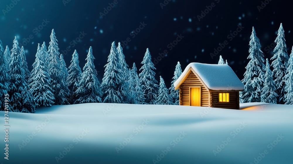 Naklejka premium Cozy cabin in a snowy landscape during a serene night.
