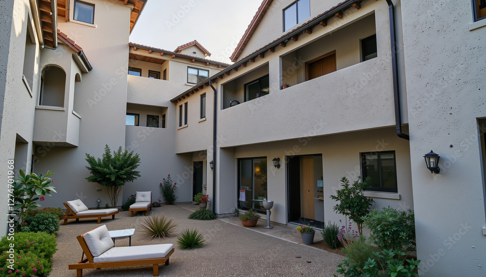 Fototapeta premium Charming courtyard with modern architecture and greenery, inviting serenity