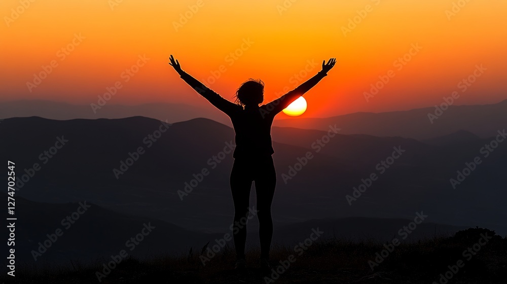 A person with raised arms, standing at the top of a hill, embracing the sunset and celebrating the sense of success and freedom, with a stunning view of nature's beauty and peaceful surroundings. A person with raised arms, standing at the top of a hill, embracing the sunset and celebrating the sense of success and freedom, with a stunning view of nature's beauty and peaceful surroundings.