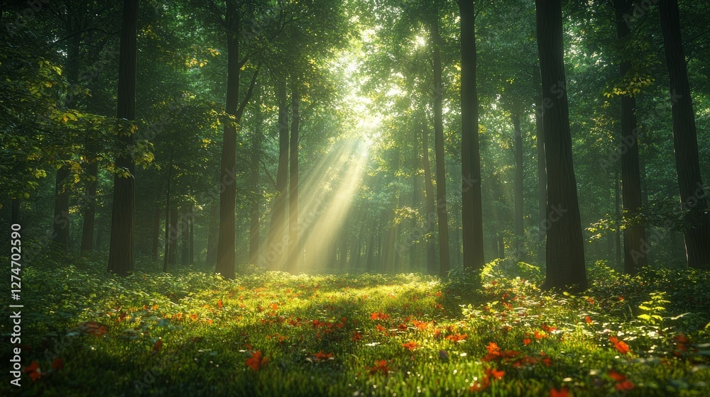 I saw the sun peeking through the trees as I strolled through a woodland. Tall trees stood all around, and the ground was carpeted with vibrant foliage and green grass. I saw the sun peeking through the trees as I strolled through a woodland. Tall trees stood all around, and the ground was carpeted with vibrant foliage and green grass.