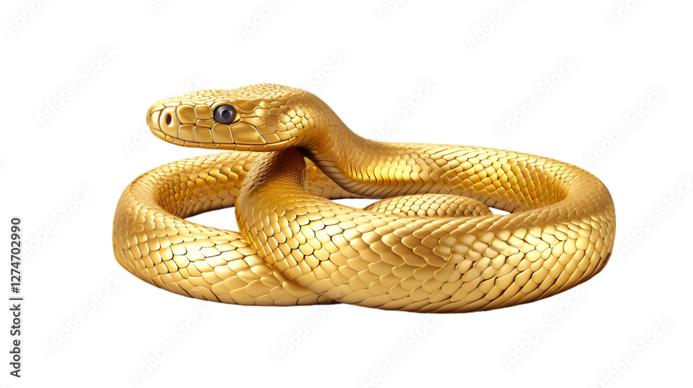 Fototapeta premium A stunning golden snake with intricate scales and a realistic texture, coiled and isolated on a white background, symbolizing wealth, power, and mythology.