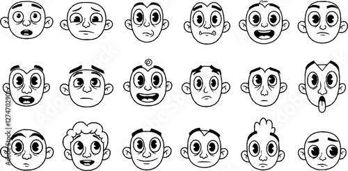 Cartoon funny comic groovy face emotion and retro cute emoji characters. Happy smiling faces of vintage animation vector personages with quirky eyes and mouths, hearts, teasing tongues and mustache Se