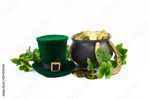 St. Patrick's Day Symbols. A green hat, black cauldron of gold coins